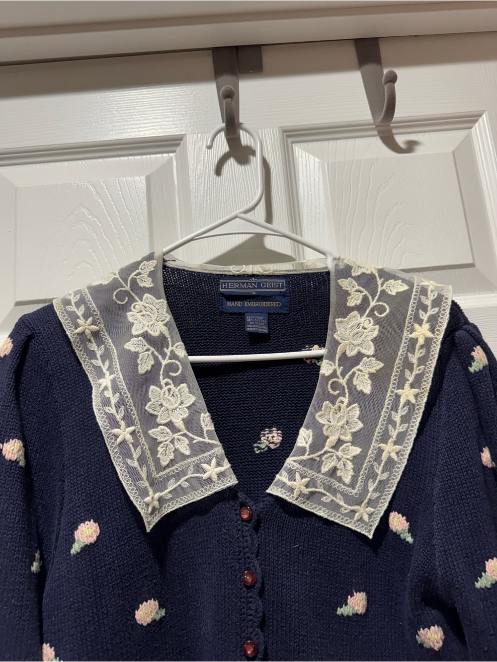 Charming Navy Floral Knit Cardigan Lace Collar Hand Embroidered Feminine Style - Picture 2 of 14